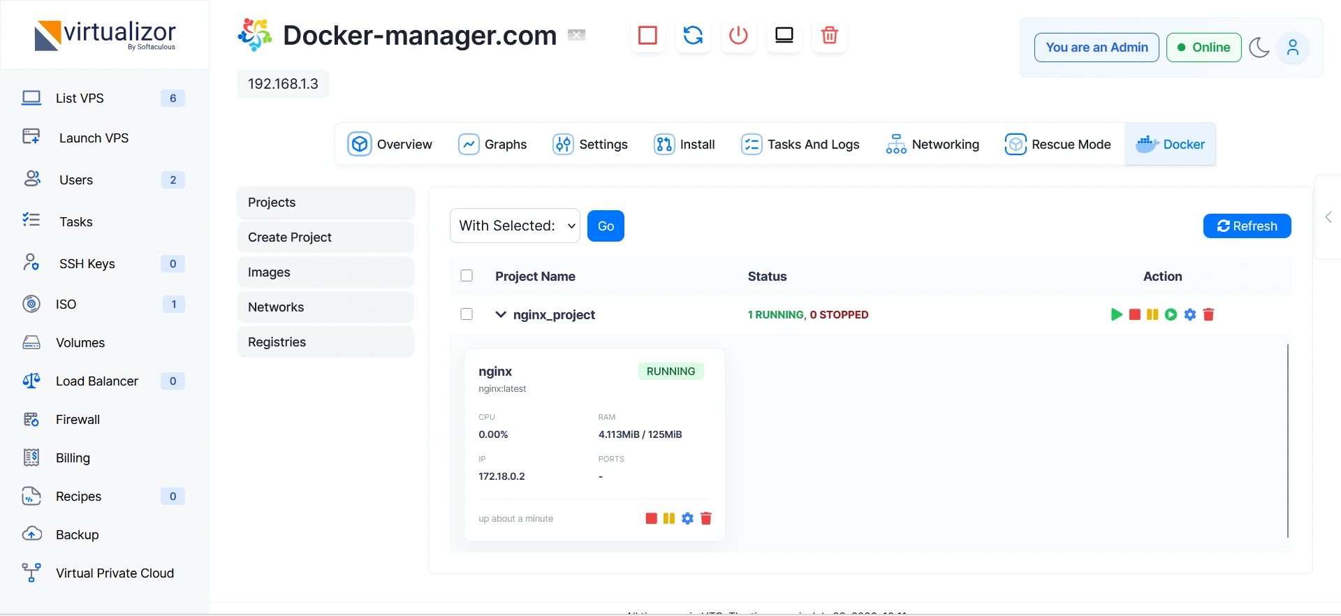 Virtualizor Enduser Panel Docker Manager interface showing live container controls