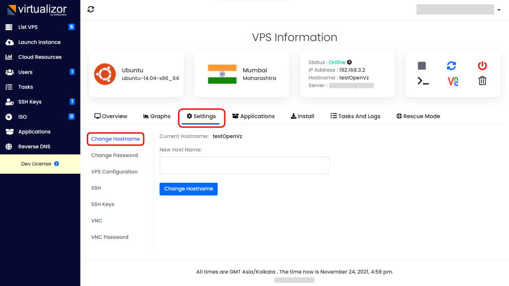 Virtulizor Hostname change