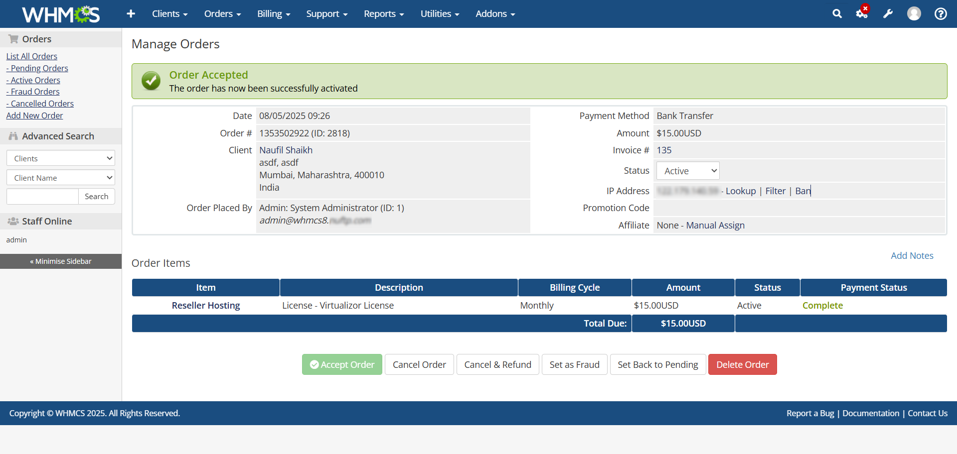 WHMCS - Manage Orders WHMCS - Manage Orders